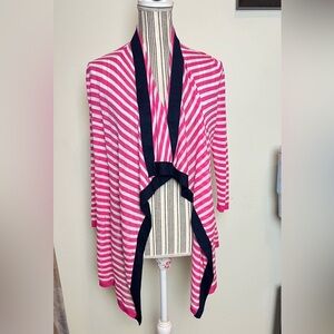 CYNTHIA ROWLEY Pink White Navy Striped Cardigan Sweater M Medium Open Front